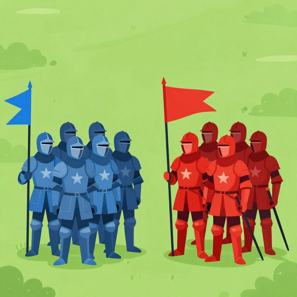 Deux groupes de chevaliers en tuniques de couleurs différentes se faisant face sur un terrain.