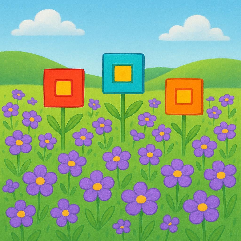 A field of ordinary green grass and round flowers, contrasting sharply with several brightly colored, square-shaped flowers, illustrating things that are strange or unusual.