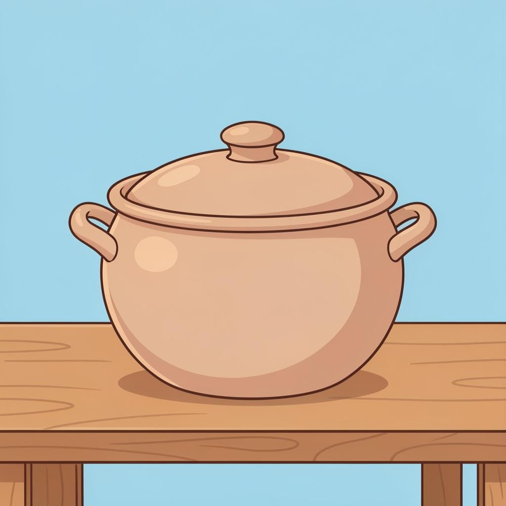 A large, round ceramic cooking pot with two handles and a lid, sitting on a wooden surface.