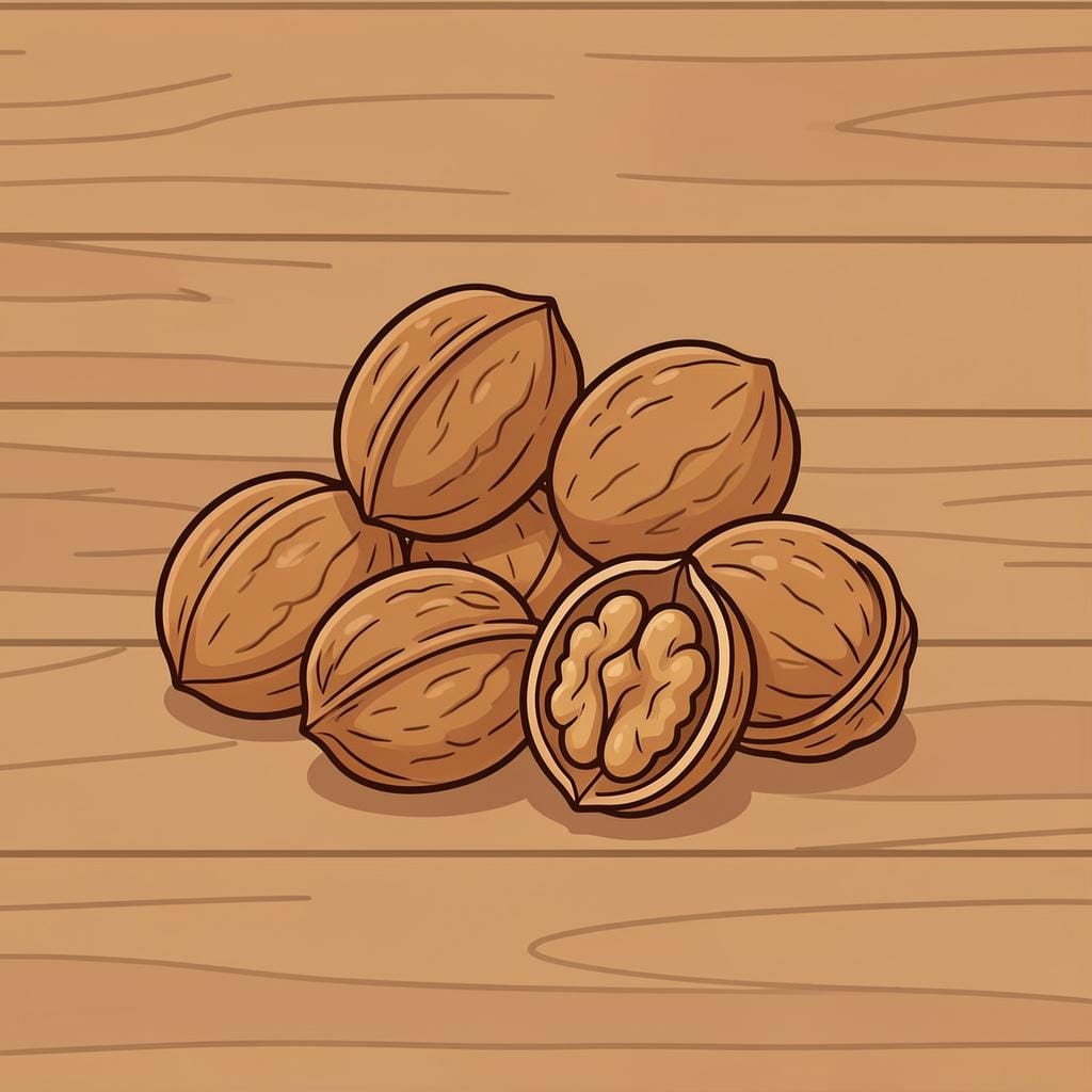 A pile of whole and shelled walnuts on a wooden surface.