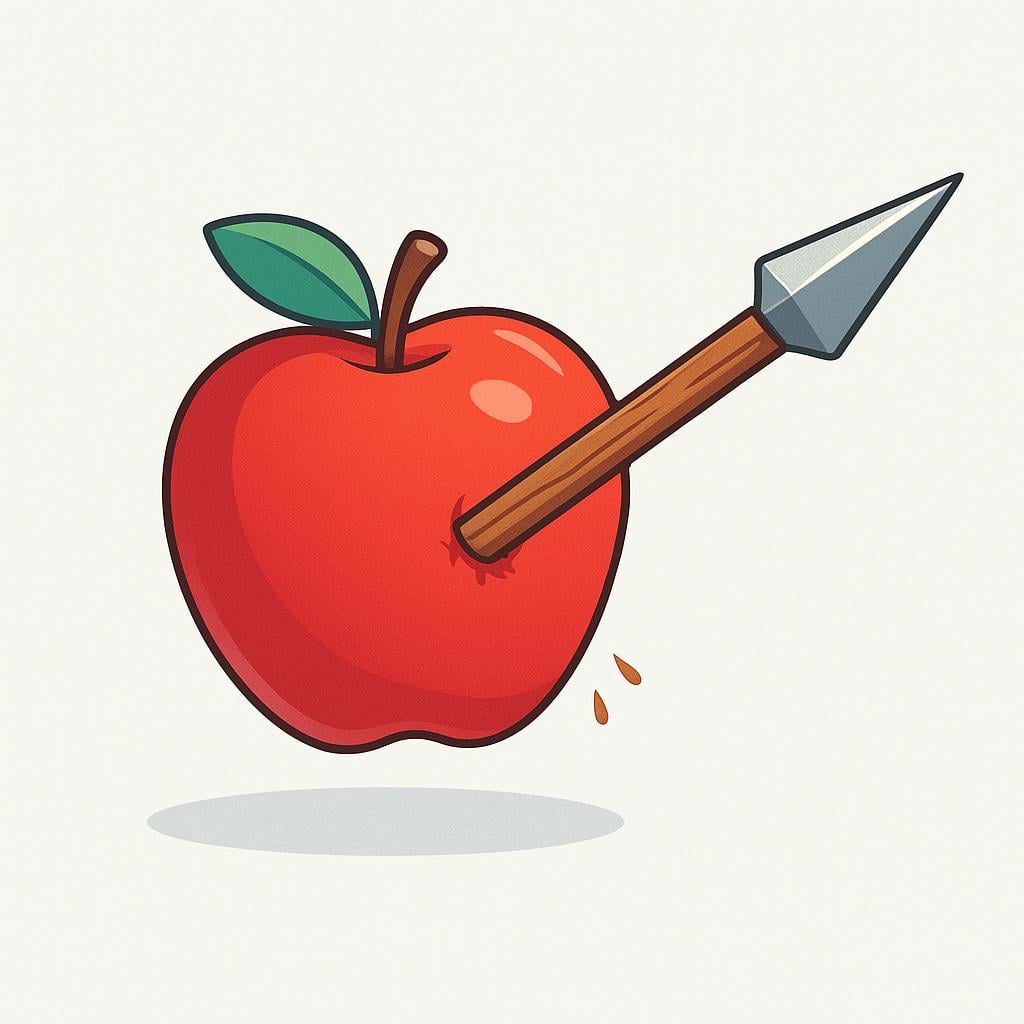 A wooden spear passing straight through the center of a red apple, illustrating penetration.