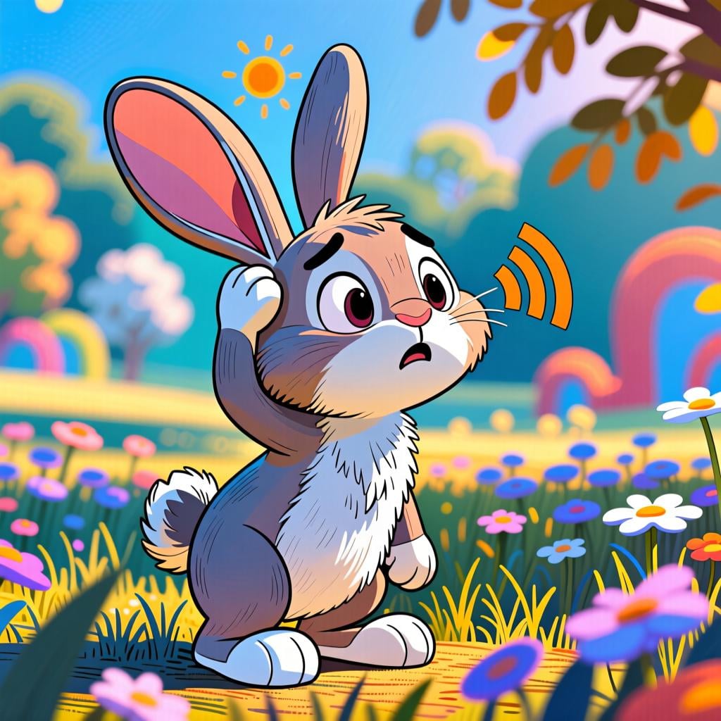 A friendly cartoon rabbit cupping its hand behind its large ear, leaning forward with a puzzled and confused expression, indicating it did not hear what was said.
