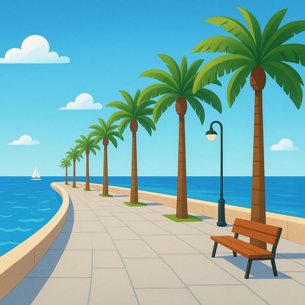 A wide, paved public walkway stretching alongside a calm blue ocean, with benches and palm trees.