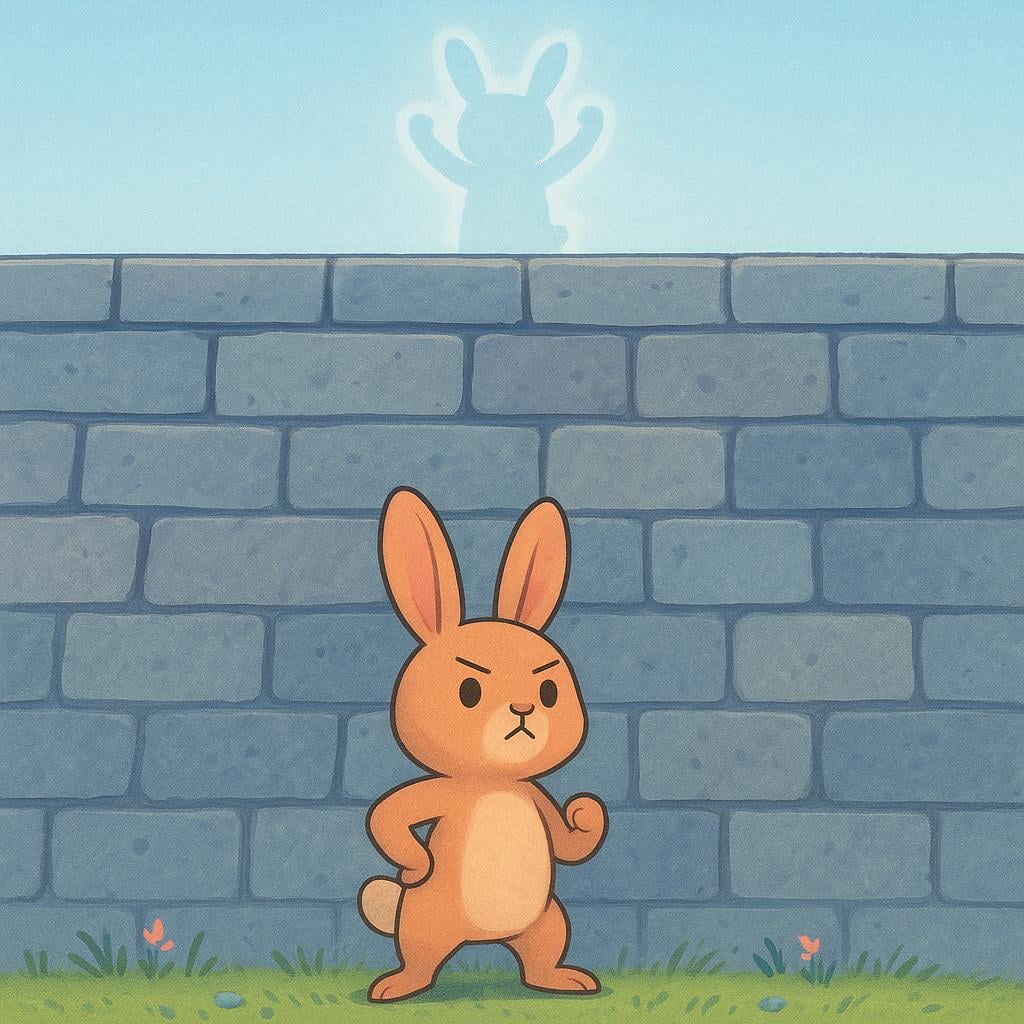 A high quality simple colorful storybook illustration showing a small, determined rabbit standing at the bottom of a tall stone wall. Above the wall, a faint, transparent outline of the same rabbit is shown triumphantly standing on the top, symbolizing future capability.