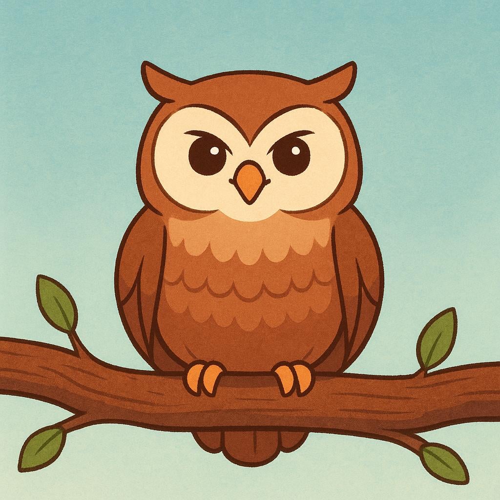 A simple, wise-looking cartoon owl wearing small spectacles, sitting calmly and confidently on a thick tree branch, symbolizing reasonable judgment or authenticity.