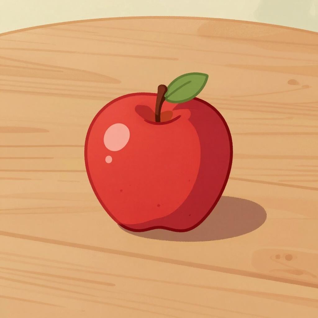 A single red apple sitting alone on a plain wooden table.