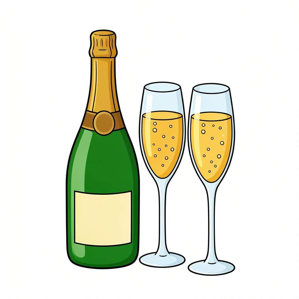 A green glass bottle and two tall glasses filled with bubbling light yellow sparkling wine.