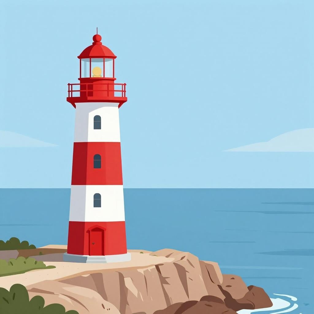 A tall white and red lighthouse standing on a rocky cliff by the blue sea.