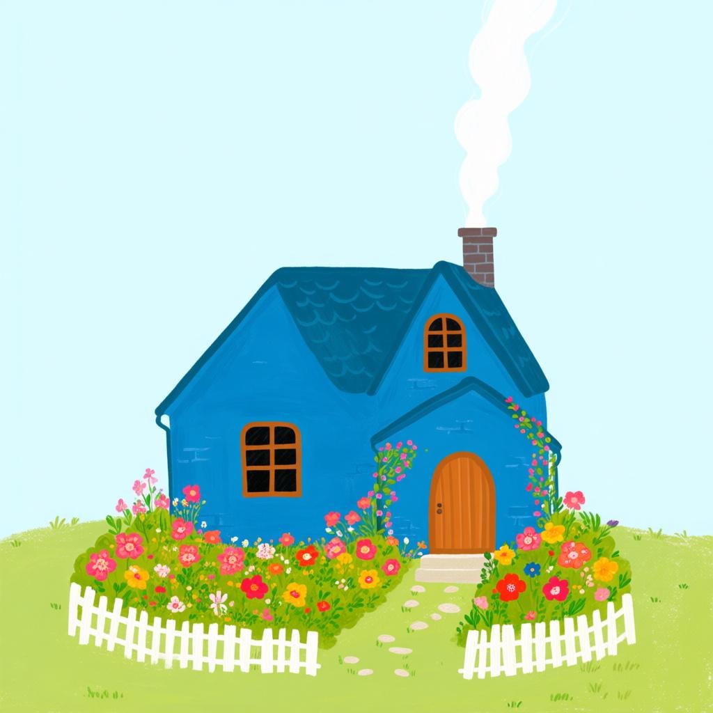 A single, cozy blue cottage with a chimney and a bright flower garden.