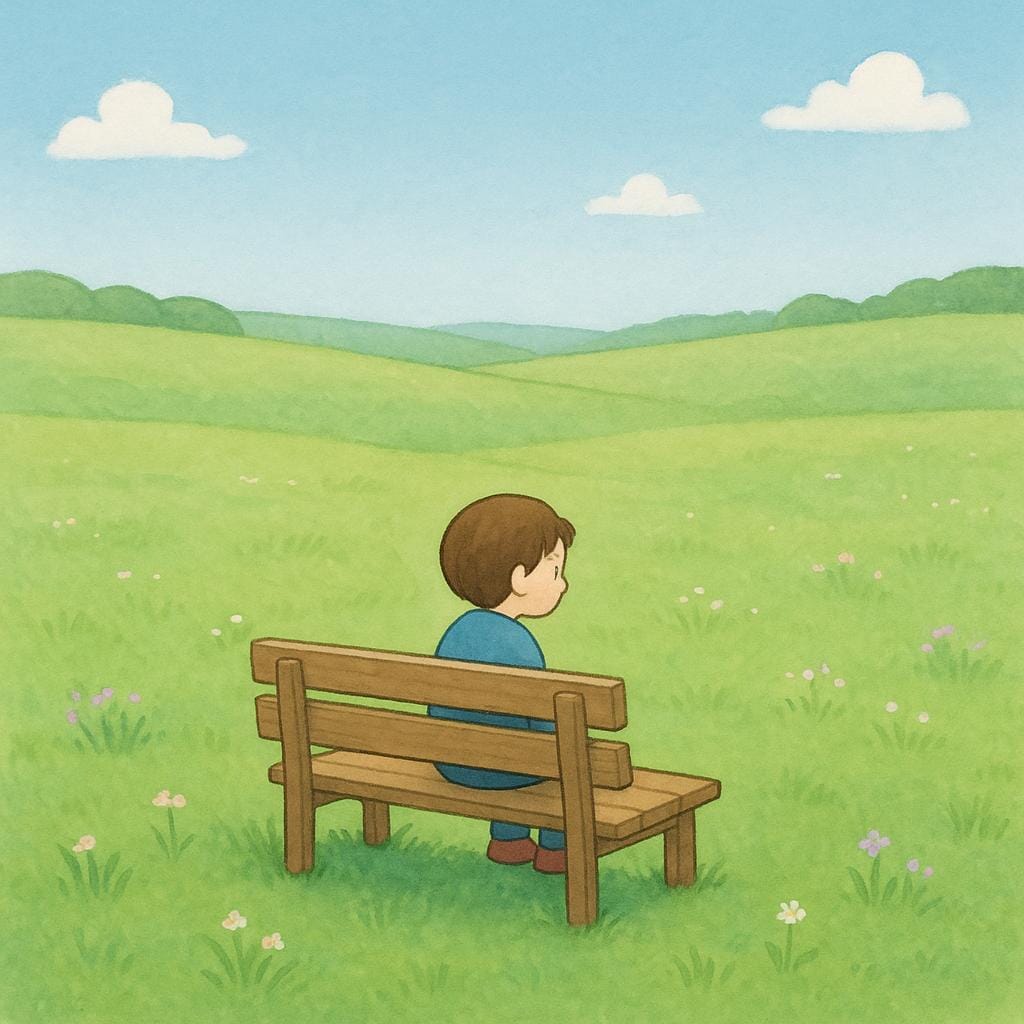 A single small child sitting alone on a large wooden bench in a vast, empty green field, emphasizing solitude.