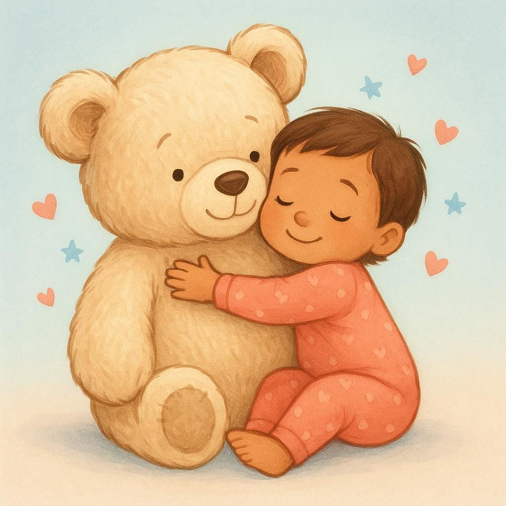 A smiling small child giving a warm, tight hug to a large, soft teddy bear.