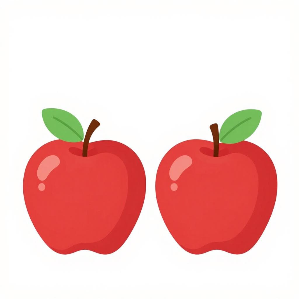 Zwei identische leuchtend rote Äpfel nebeneinander auf einem Holztisch.