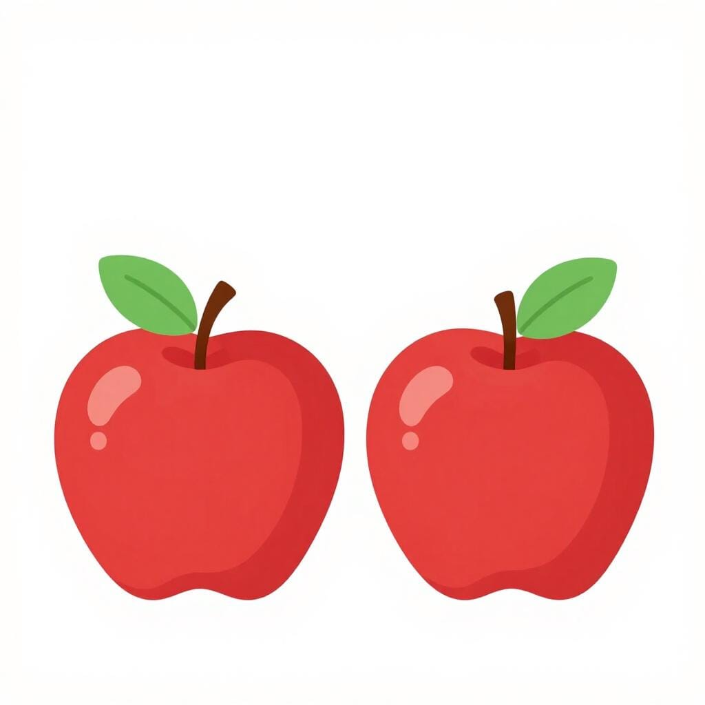 Due mele rosse identiche affiancate su un tavolo di legno.