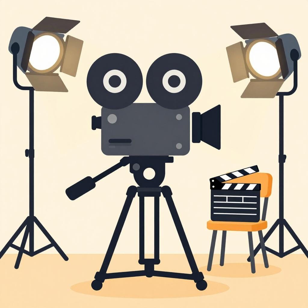 Een professionele filmcamera op statief die wordt gebruikt op een set met felle lichten.