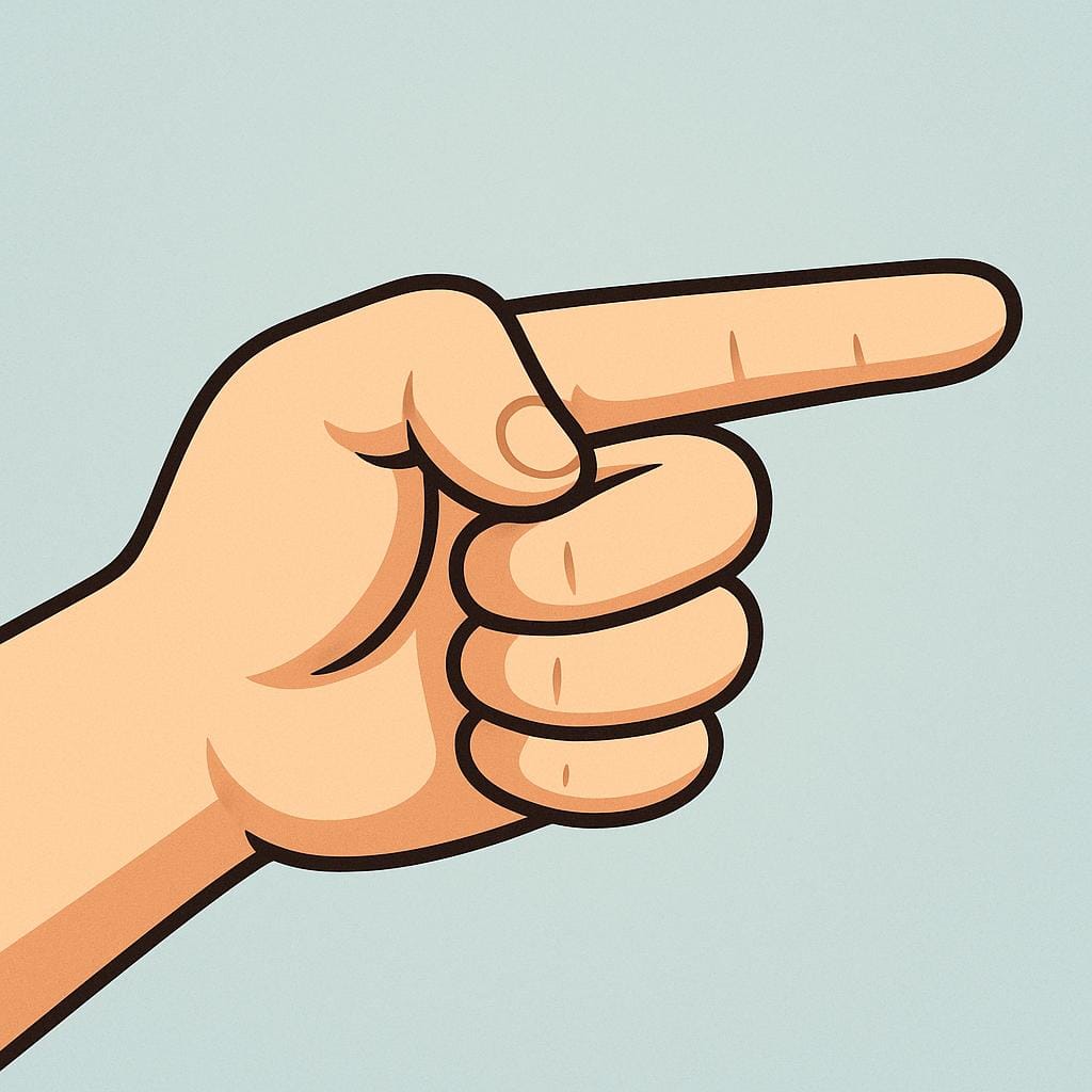 A simplified illustration showing a human hand with the index finger extended, pointing directionally.