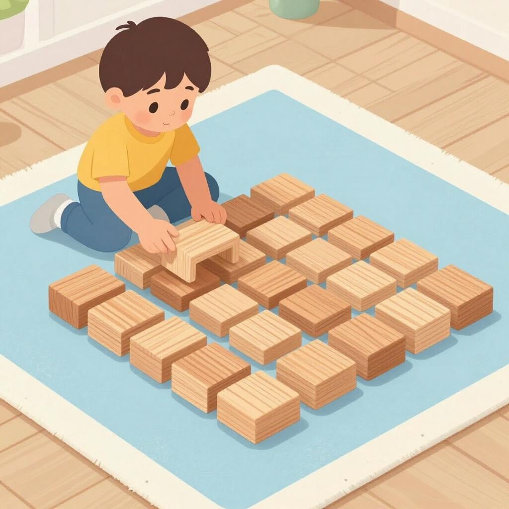 Un bambino che organizza ordinatamente blocchi di legno in una griglia quadrata perfetta.