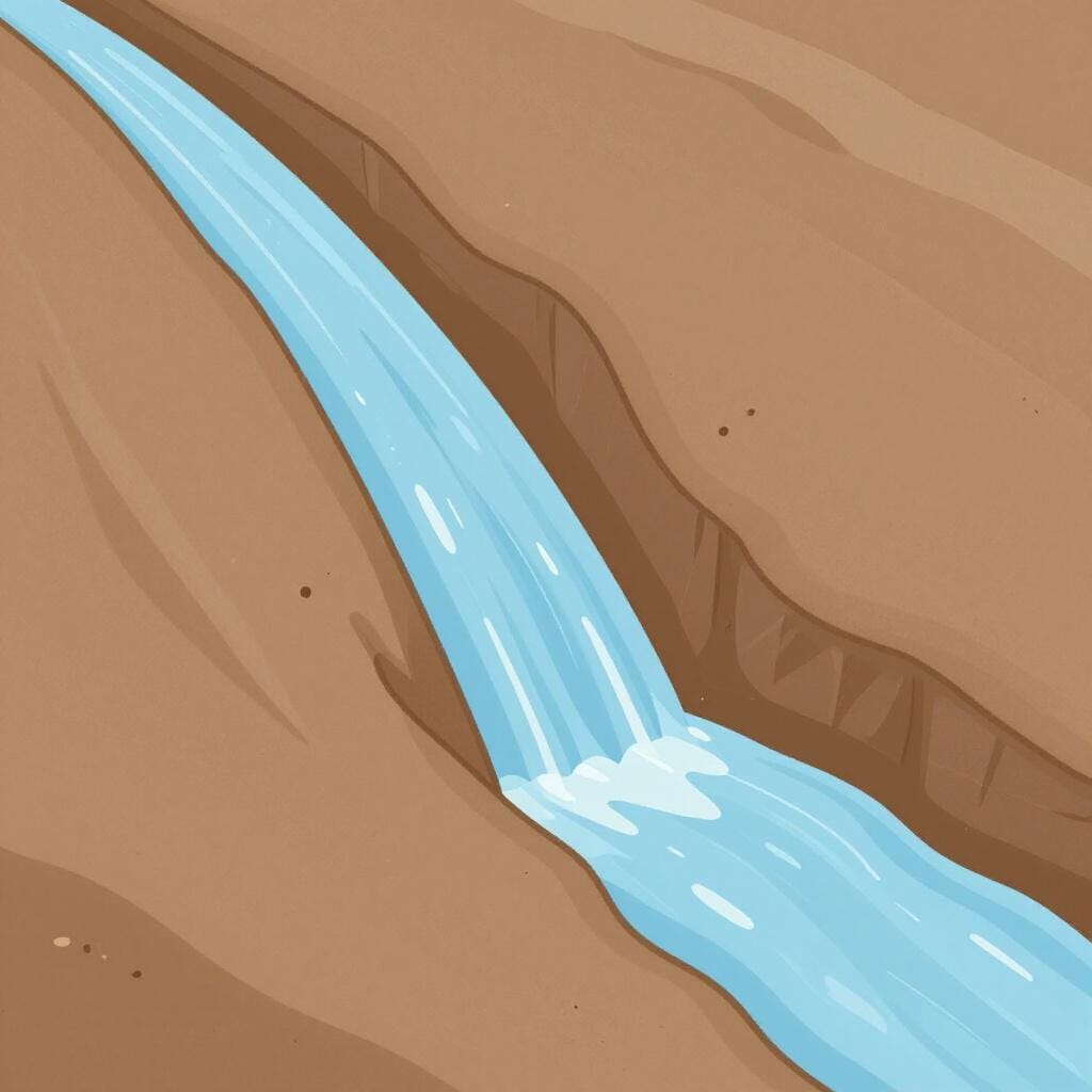 Rainwater carving a narrow winding channel into a brown earthen hillside.