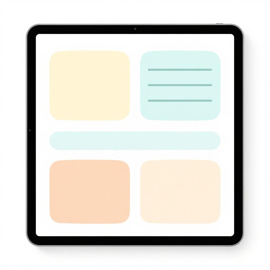 A colorful digital document layout with empty boxes for photos and lines for text, shown on a simple tablet screen.