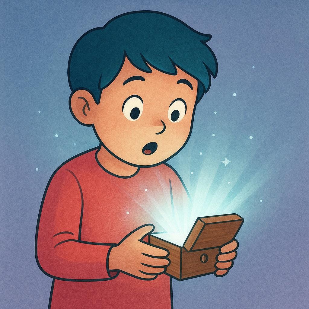 Une silhouette stylisée regardant avec surprise et curiosité dans une petite boîte lumineuse, symbolisant la découverte ou l'apprentissage d'une information.