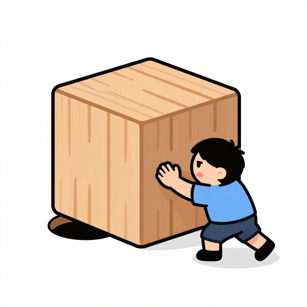 A colorful storybook illustration of a person trying to fit a large square block into a small round hole.