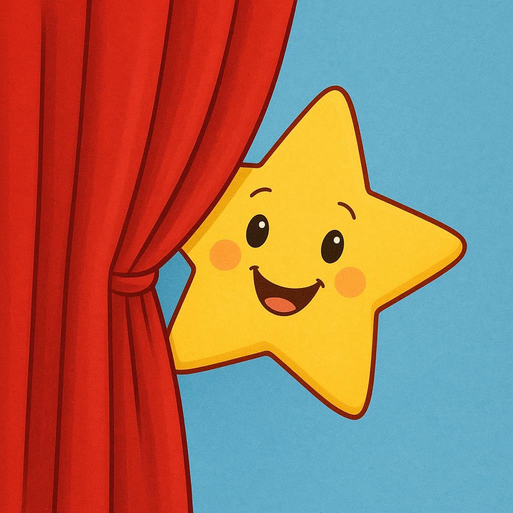 A smiling yellow star is peeking out from behind a bright red stage curtain, illustrating the action of appearing.