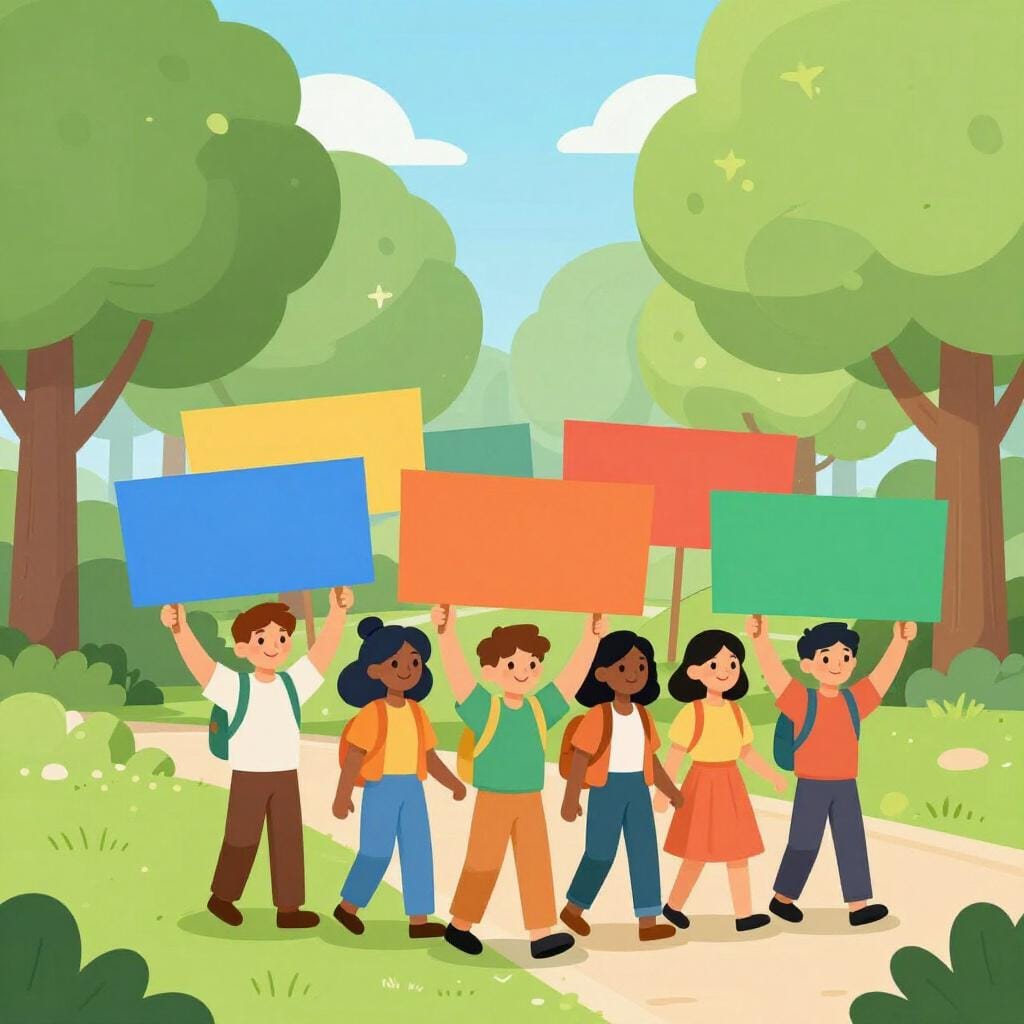 Eine Gruppe von Menschen steht zusammen und hält bunte Banner und Fahnen in einem friedlichen Marsch.