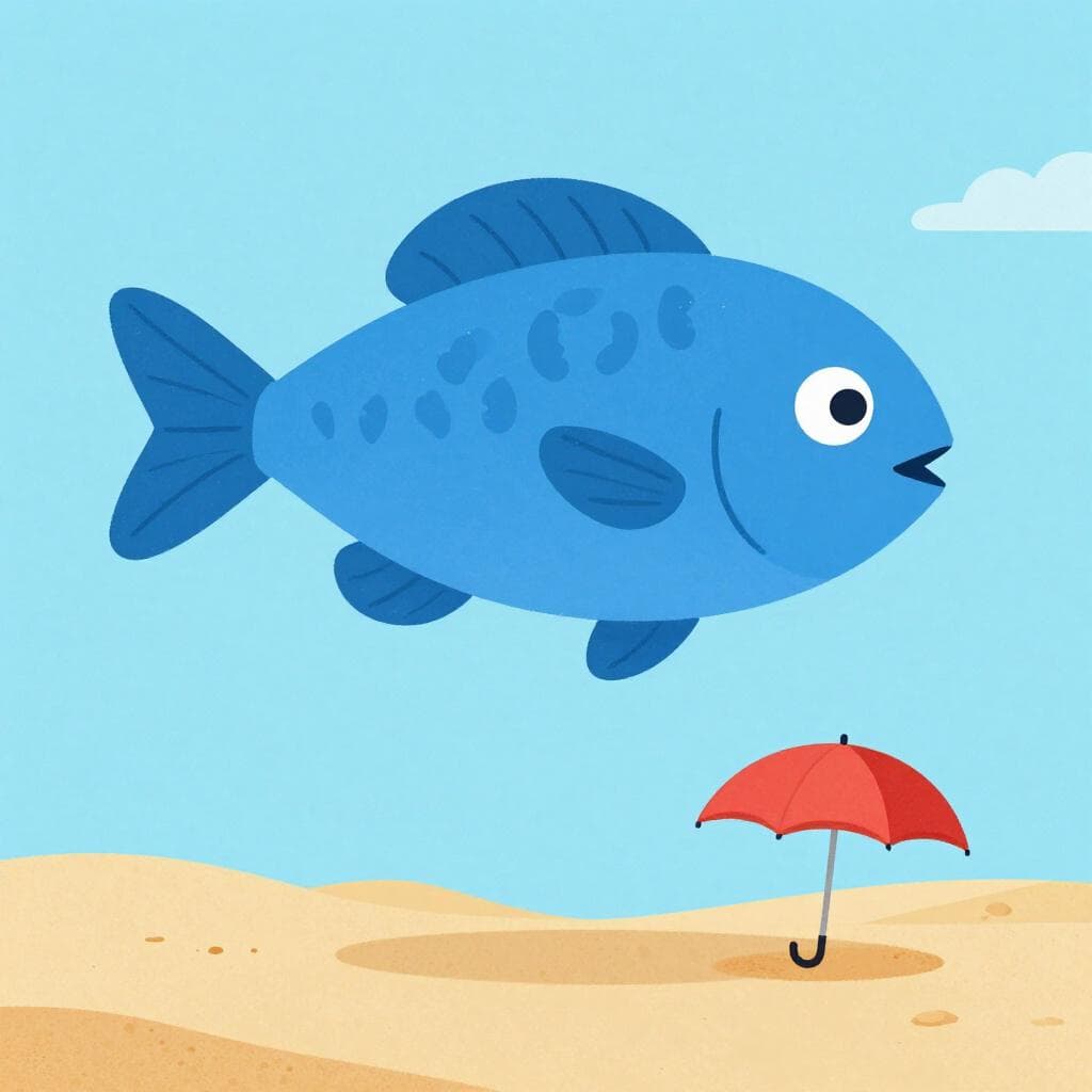 A giant floating blue fish hovering above a desert landscape with a single red umbrella.