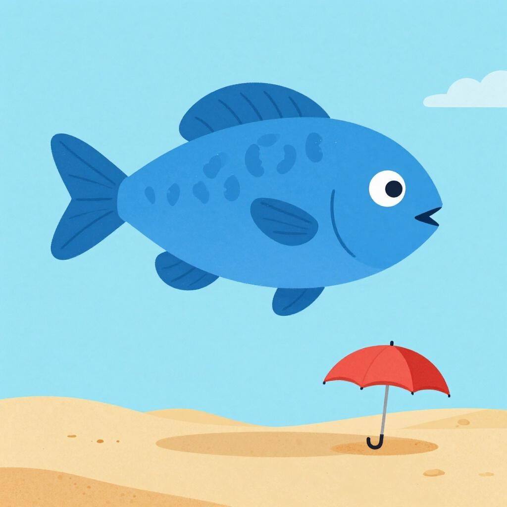 A giant floating blue fish hovering above a desert landscape with a single red umbrella.