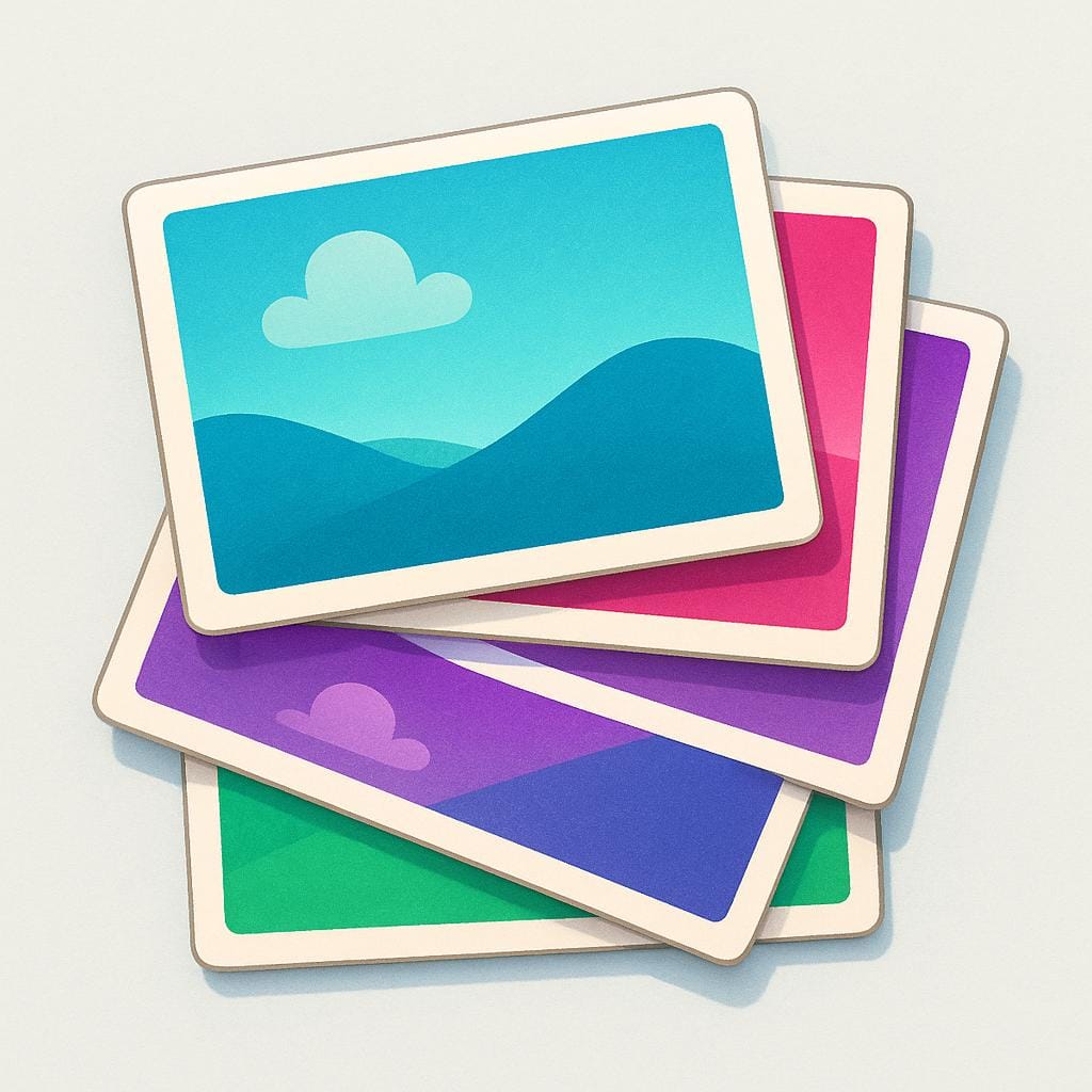 A simple stack of four colorful, rectangular printed photographs lying on a surface.