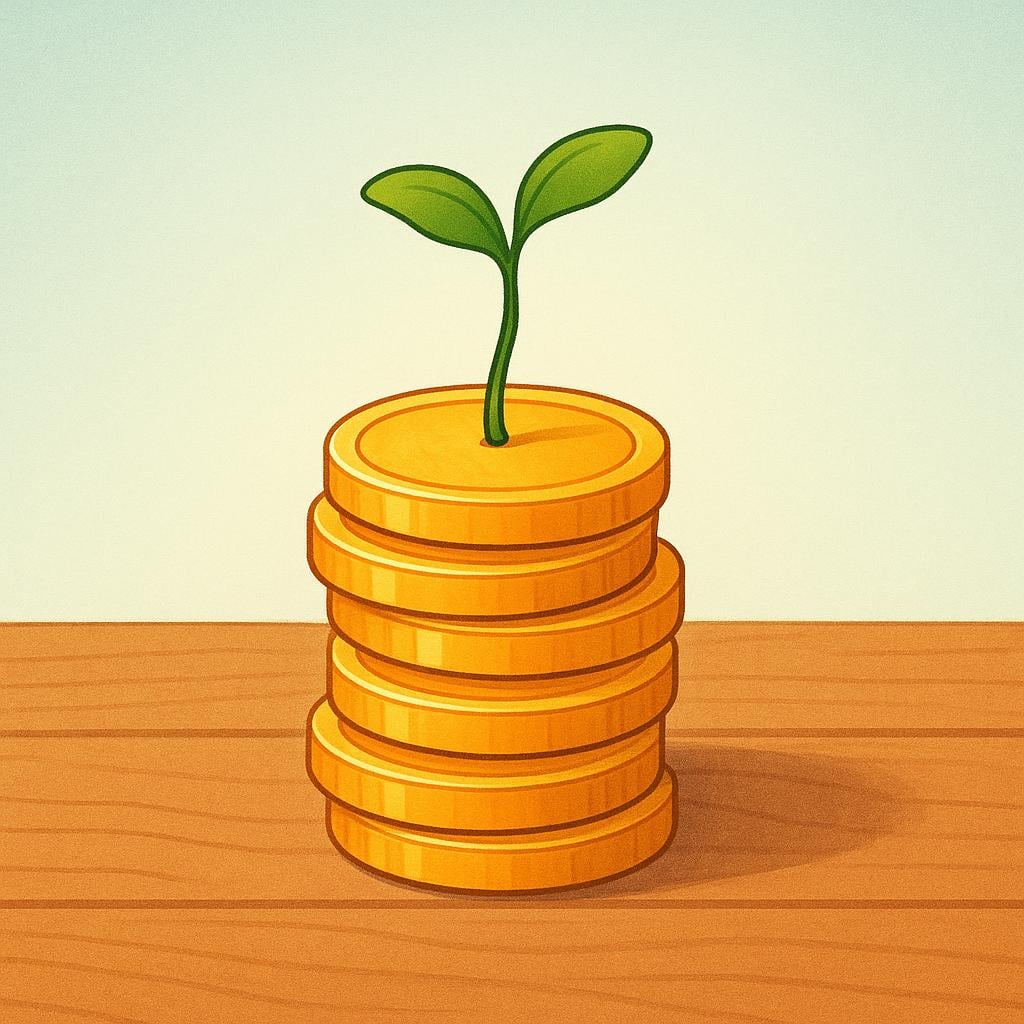 A small stack of gold coins with a stylized green sprout growing out of the top, symbolizing financial growth or monetary return.