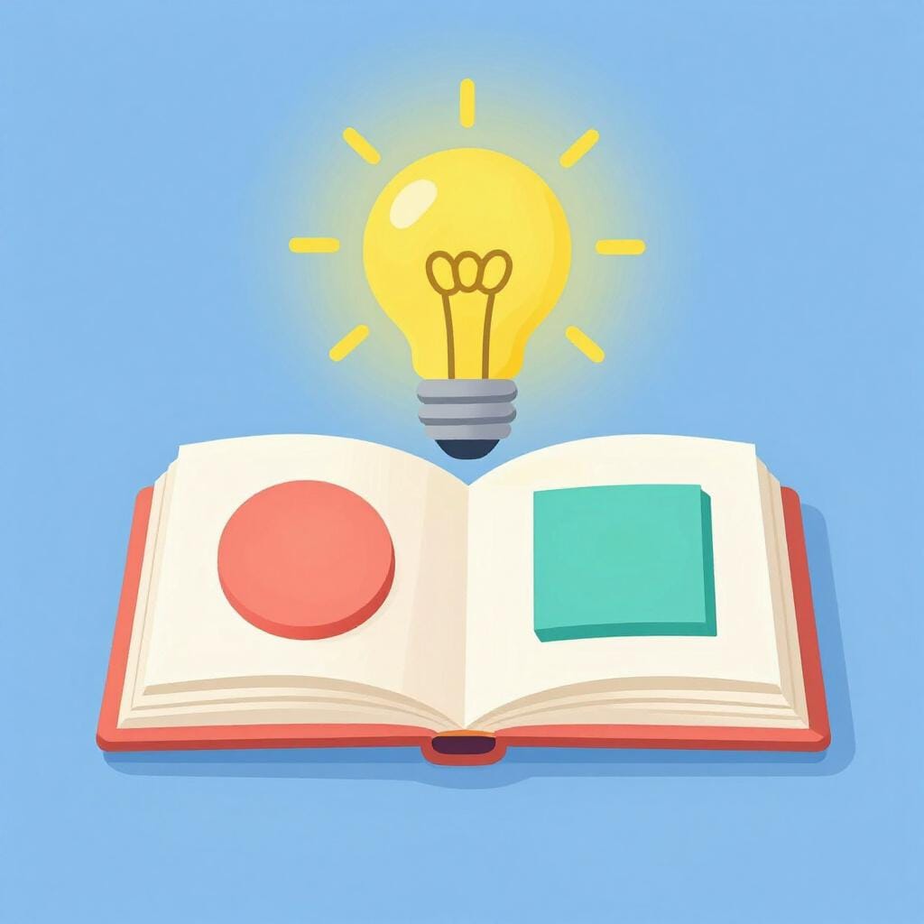 A lightbulb glowing brightly above an open book with simple shapes on the pages.
