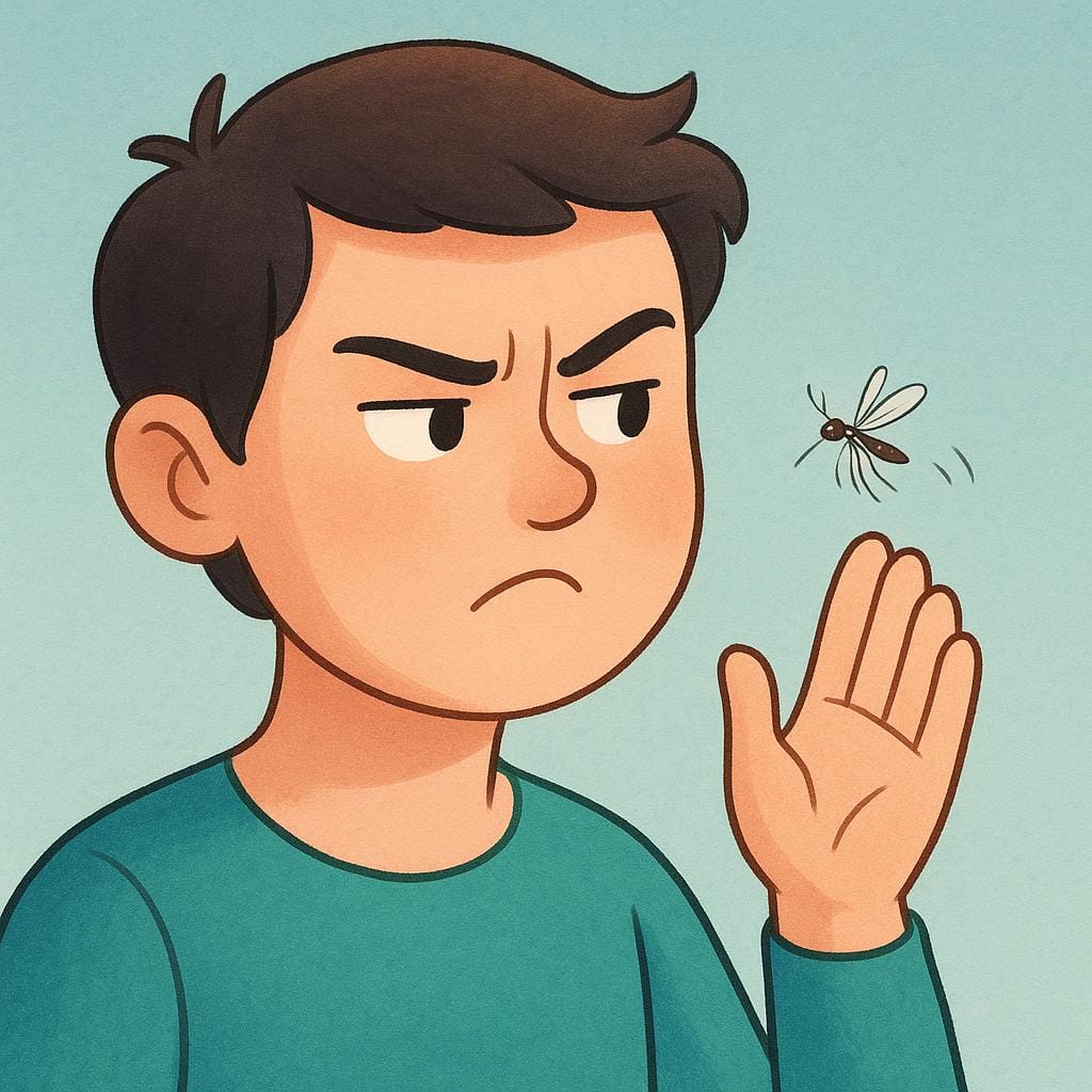 A cartoon person with a slightly irritated expression trying to swat a small mosquito buzzing loudly near their ear.
