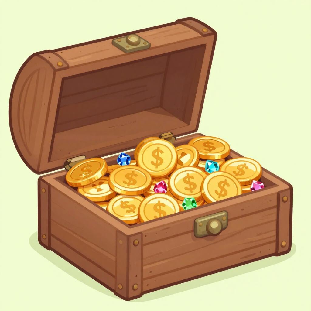 A wooden treasure chest overflowing with gold coins and colorful gems.