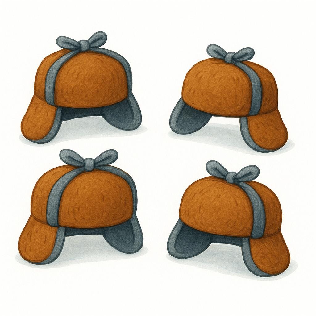 Quatro gorros ushanka simples de pele marrom com abas de orelha cinzas amarradas para cima, sobre um fundo branco.