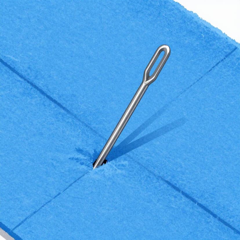 A shiny silver needle passing through a piece of thick blue fabric, creating a small hole.