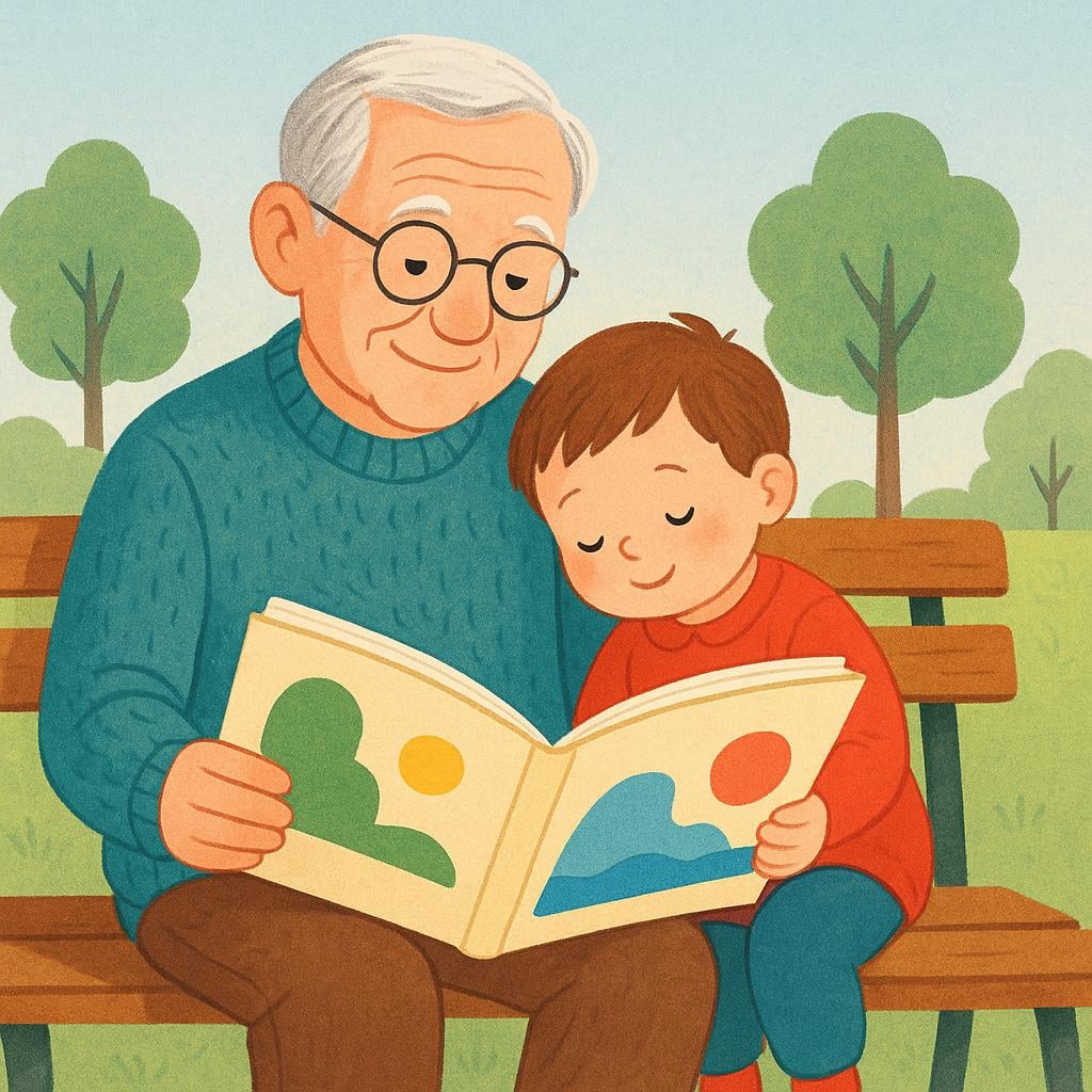 A kind, elderly man with white hair and glasses sitting on a bench, happily reading a large storybook to a small child who is leaning against him.
