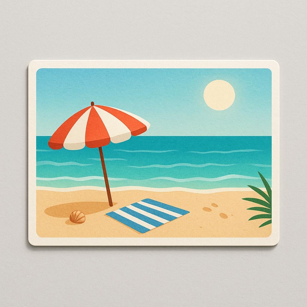 A simple illustration of a rectangular postcard lying flat, featuring a small, colorful picture of a sunny beach scene on one side.