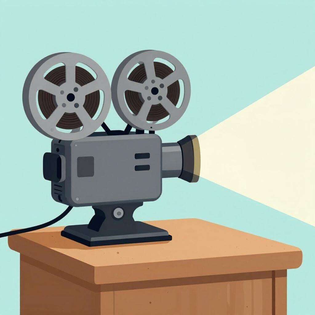 A vintage film projector on a table casting a beam of light.