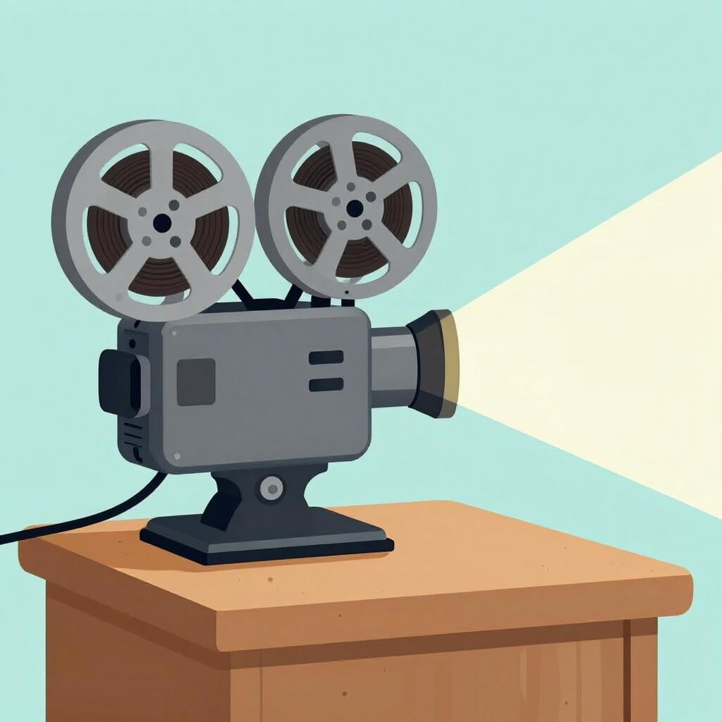 A vintage film projector on a table casting a beam of light.