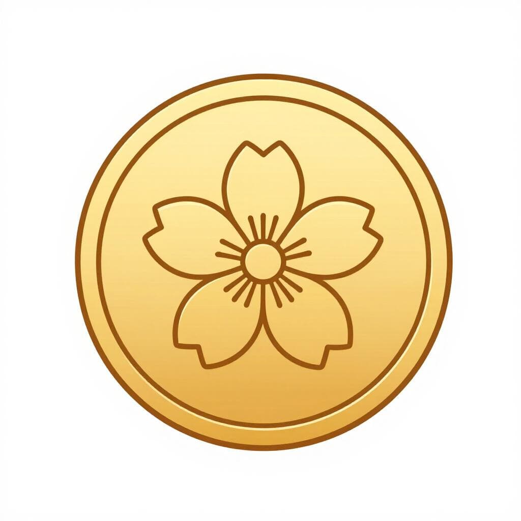 Une pièce d'or brillante ornée d'une fleur de cerisier et d'un simple trou au centre.