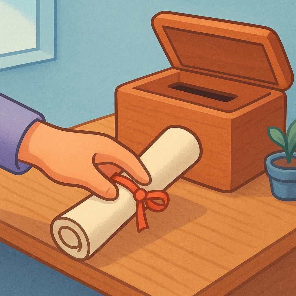 A person's hand is placing a rolled-up document into a wooden submission box on a desk.