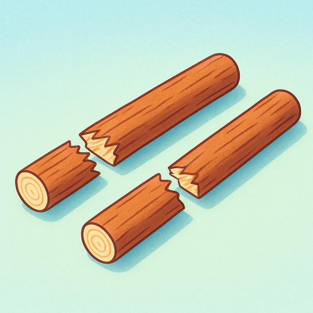 Two simple wooden sticks lying on a surface, both clearly snapped into two separate pieces.