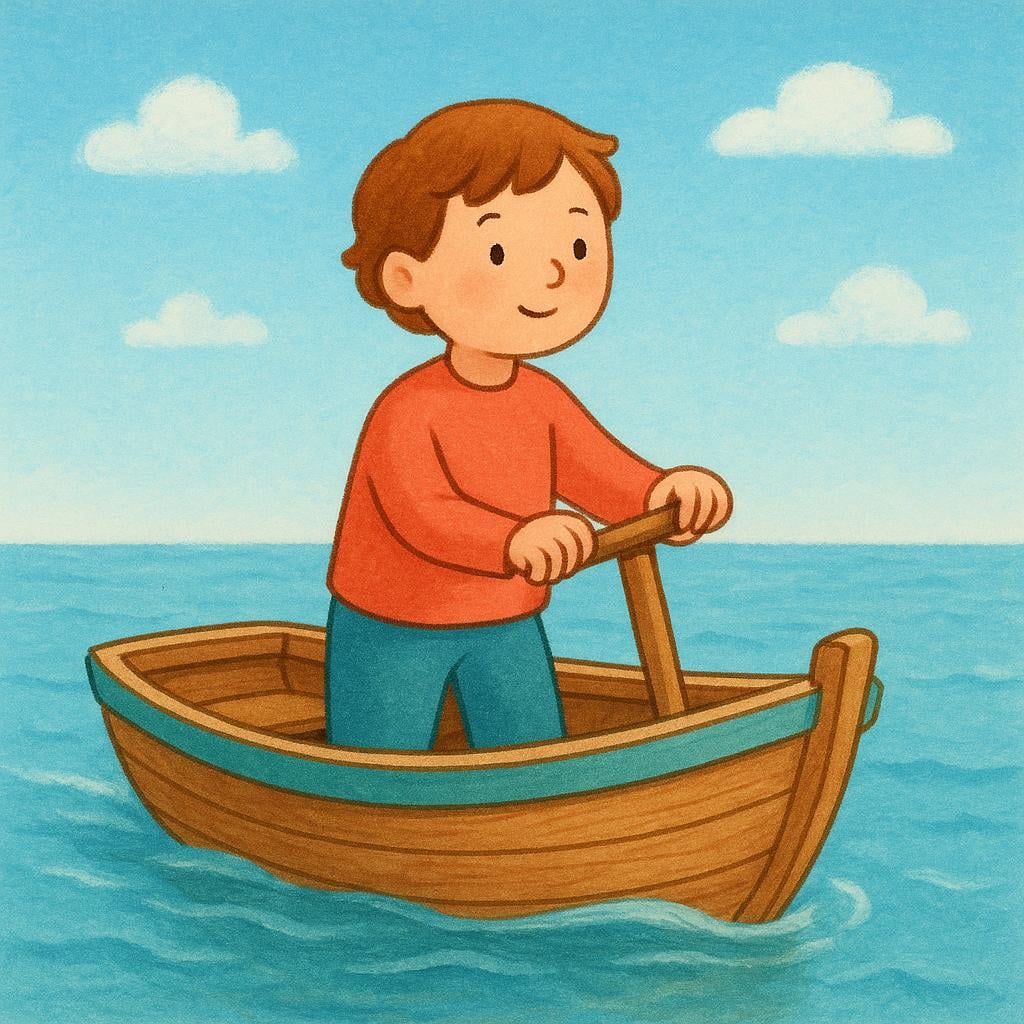 A figure standing confidently at the rudder of a small wooden sailboat, navigating calm blue water, symbolizing management.