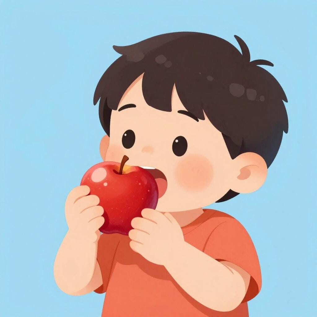 A child eating a large red apple.