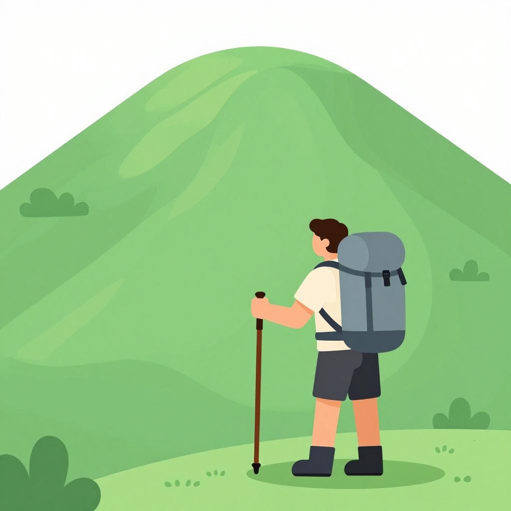 A hiker looking at a steep mountain trail with a heavy backpack, showing the requirement of the journey.