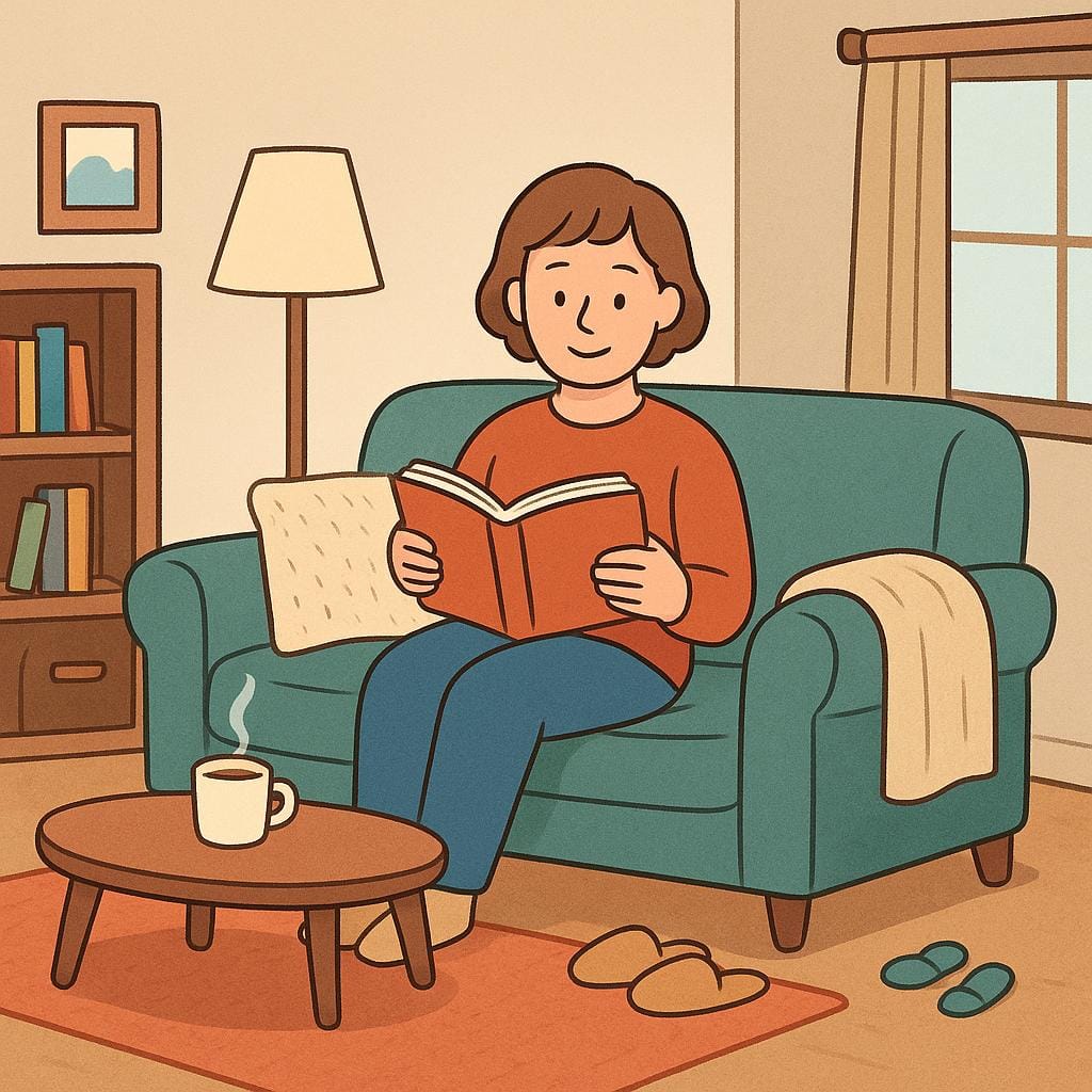 Een vriendelijk personage zit comfortabel op een zachte bank in een gezellige, kleurrijke woonkamer en leest een boek, wat duidelijk aangeeft dat ze blijven.