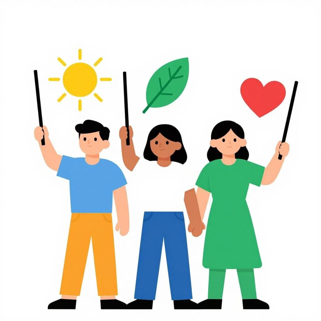 A group of diverse people holding colorful flags with different simple symbols like a sun, a leaf, and a heart, representing different systems of belief.