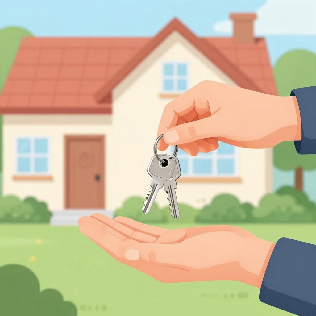 Een persoon die een set huissleutels teruggeeft aan de oorspronkelijke eigenaar voor een klein huisje.