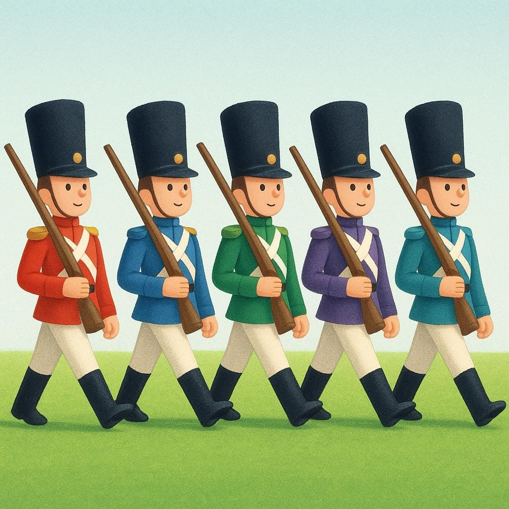 Een groep van vijf identieke, gestileerde figuren in uniform die perfect gesynchroniseerd, precies in een militaire formatie over een open veld marcheren.