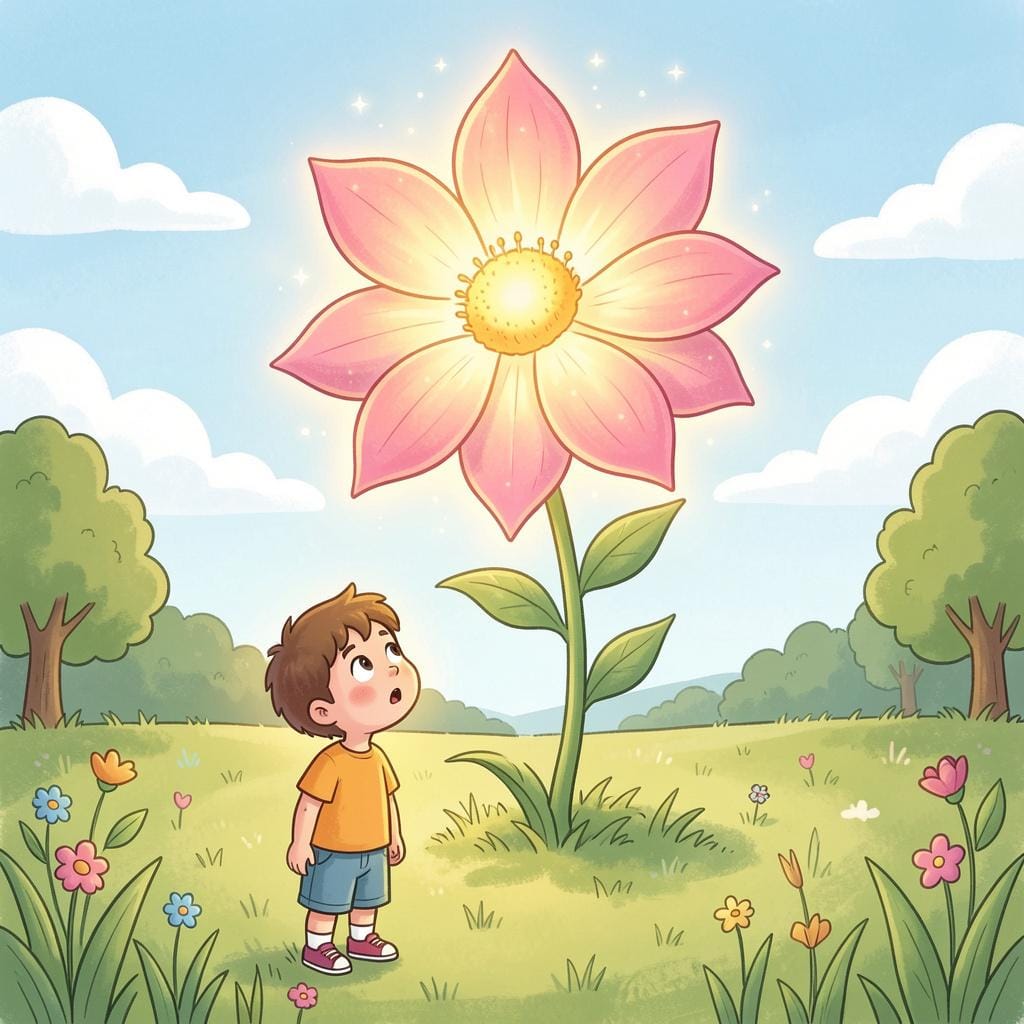 A small child looking up at a giant, glowing, colorful flower with wide eyes of wonder.
